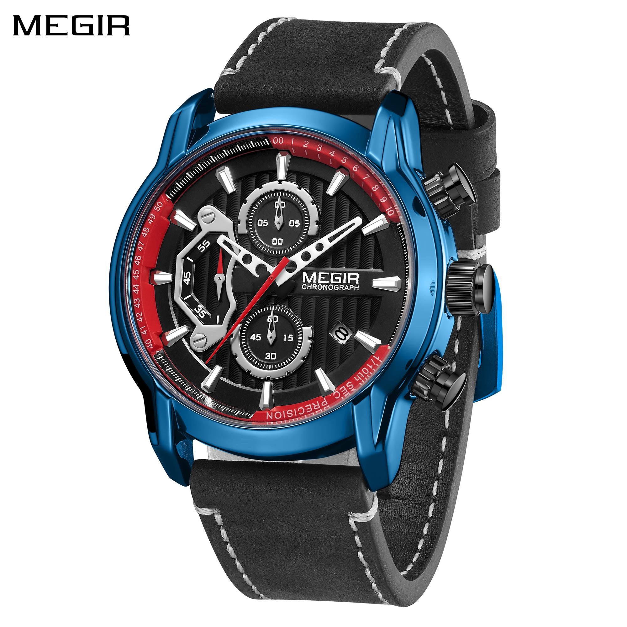 MEGIR Fashion Mens Watches Waterproof Luminous Sports Wrist Watch Man Leather Chronograph Quartz Wristwatch Reloj Hombre 2104-0