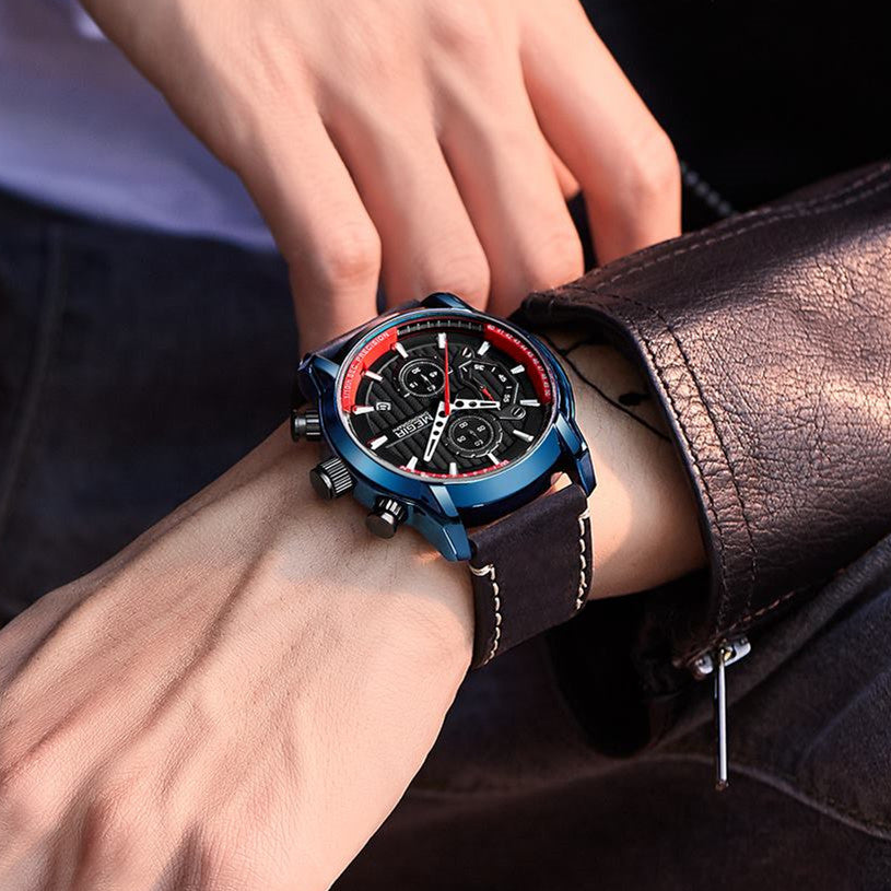 MEGIR Fashion Mens Watches Waterproof Luminous Sports Wrist Watch Man Leather Chronograph Quartz Wristwatch Reloj Hombre 2104-2