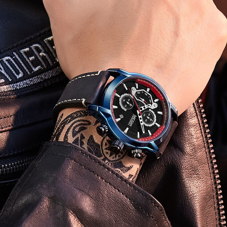 MEGIR Fashion Mens Watches Waterproof Luminous Sports Wrist Watch Man Leather Chronograph Quartz Wristwatch Reloj Hombre 2104-1