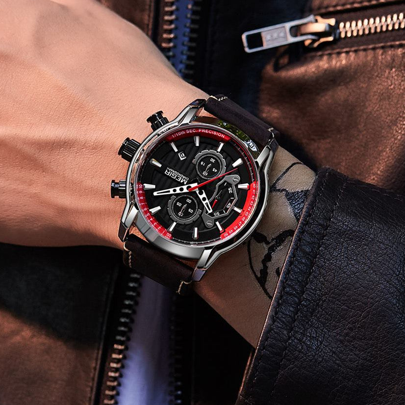 MEGIR Fashion Mens Watches Waterproof Luminous Sports Wrist Watch Man Leather Chronograph Quartz Wristwatch Reloj Hombre 2104-3