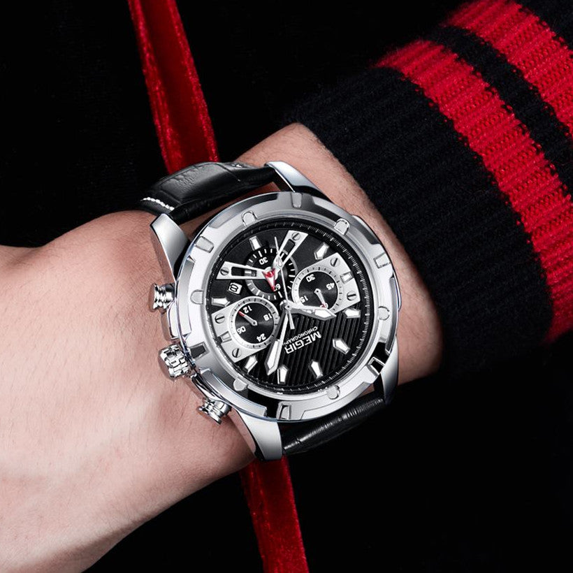 MEGIR Sport Watches for Men Fashion Luxury Military Quartz Wristwatch Leather Waterproof Man Chronograph Clock Relogio Masculino-2