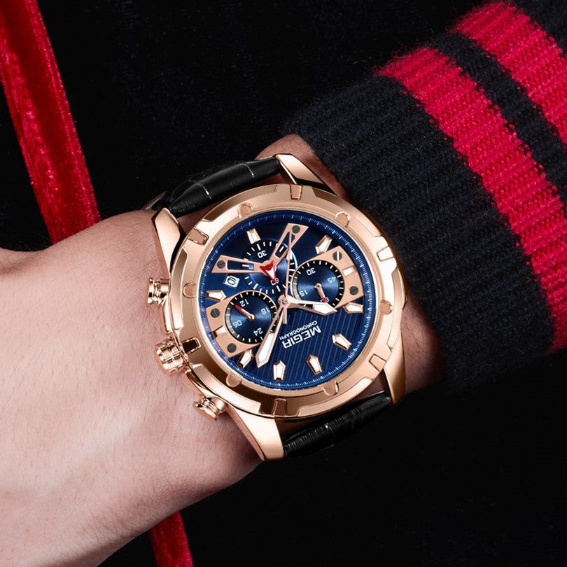 MEGIR Sport Watches for Men Fashion Luxury Military Quartz Wristwatch Leather Waterproof Man Chronograph Clock Relogio Masculino-1