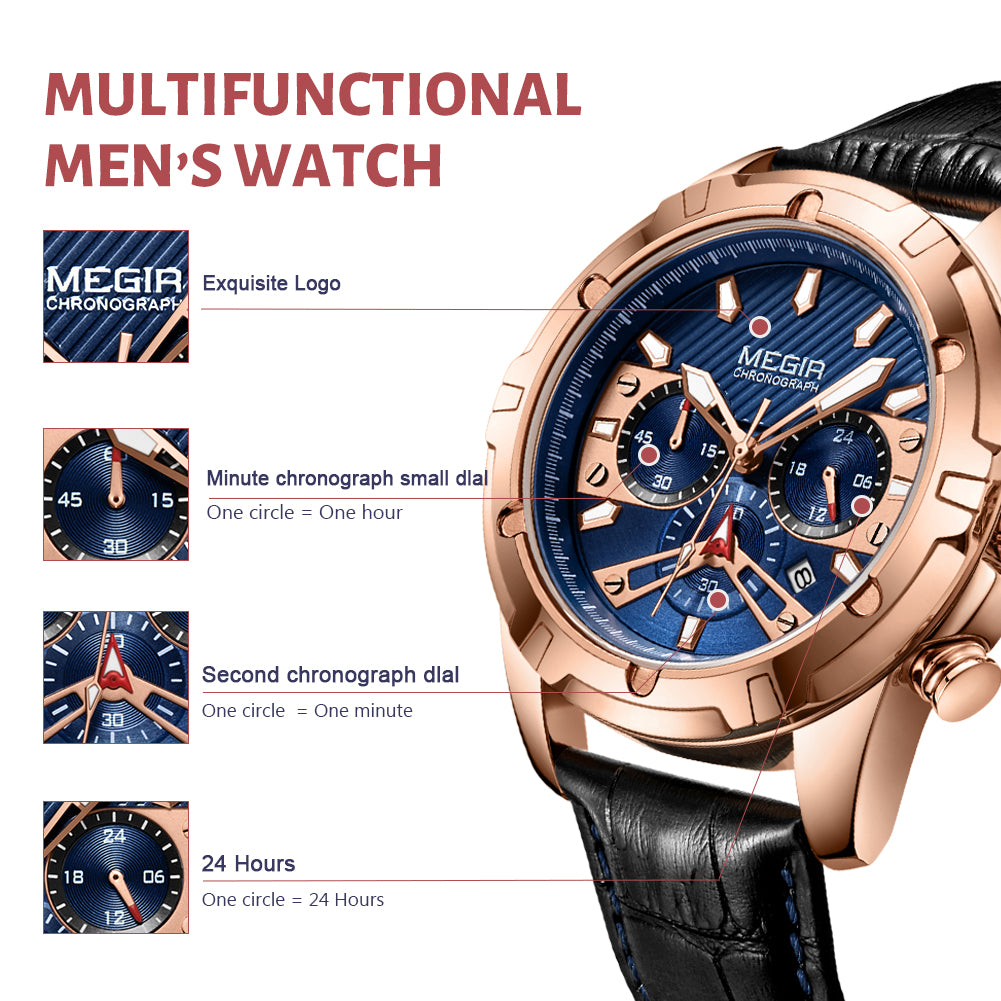 MEGIR Sport Watches for Men Fashion Luxury Military Quartz Wristwatch Leather Waterproof Man Chronograph Clock Relogio Masculino-5