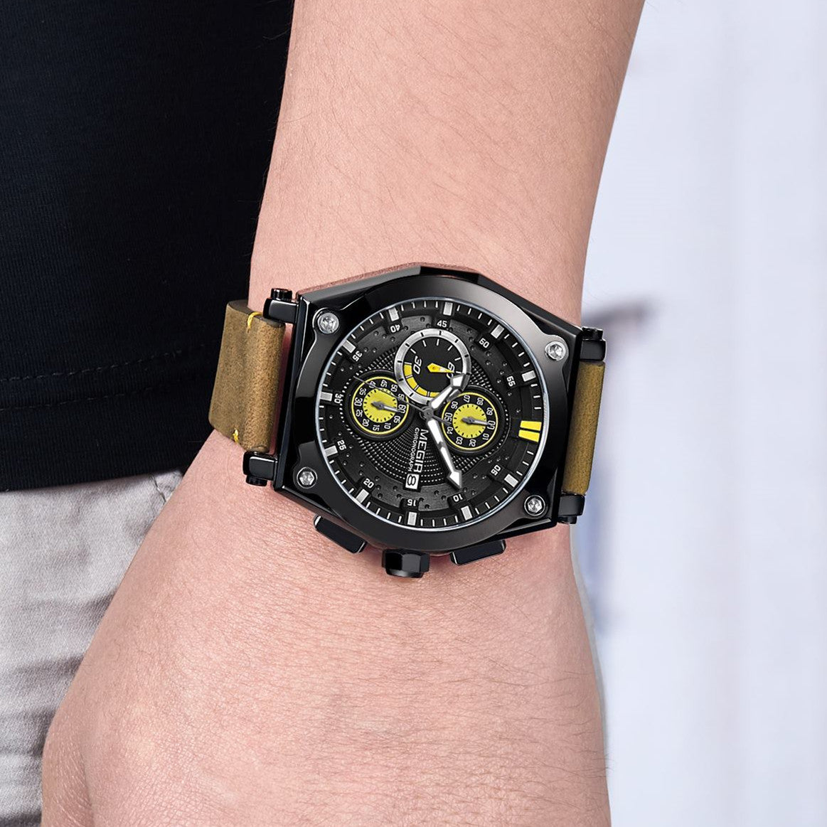 MEGIR Blue Quartz Men Watches Top Brand Leather Strap Chronograph Sport Wrist Watch Men Clock Relogio Masculino Reloj Hombre-1