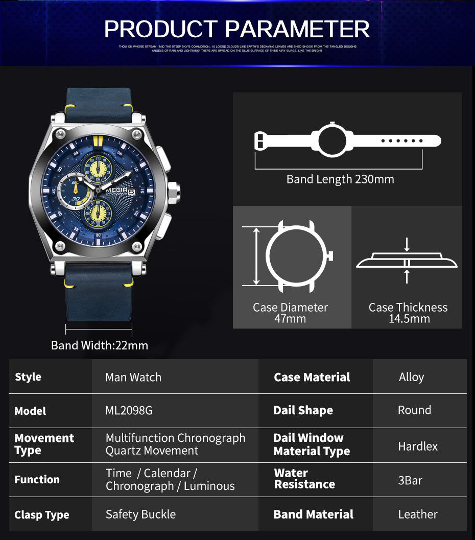 MEGIR Blue Quartz Men Watches Top Brand Leather Strap Chronograph Sport Wrist Watch Men Clock Relogio Masculino Reloj Hombre-10