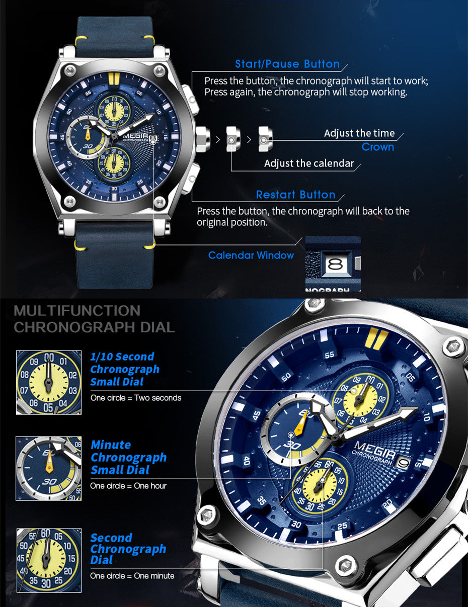 MEGIR Blue Quartz Men Watches Top Brand Leather Strap Chronograph Sport Wrist Watch Men Clock Relogio Masculino Reloj Hombre-11