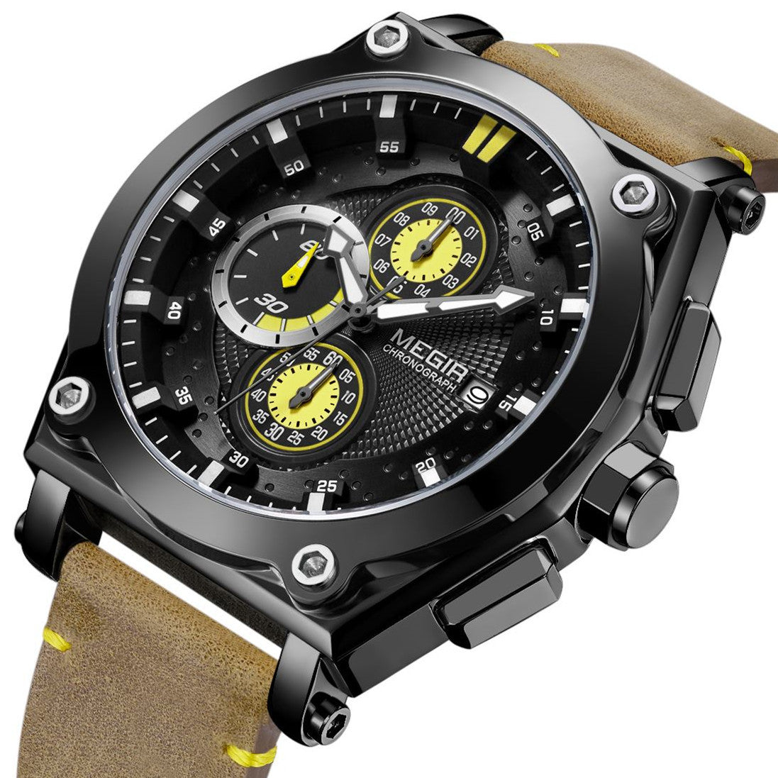 MEGIR Blue Quartz Men Watches Top Brand Leather Strap Chronograph Sport Wrist Watch Men Clock Relogio Masculino Reloj Hombre-5