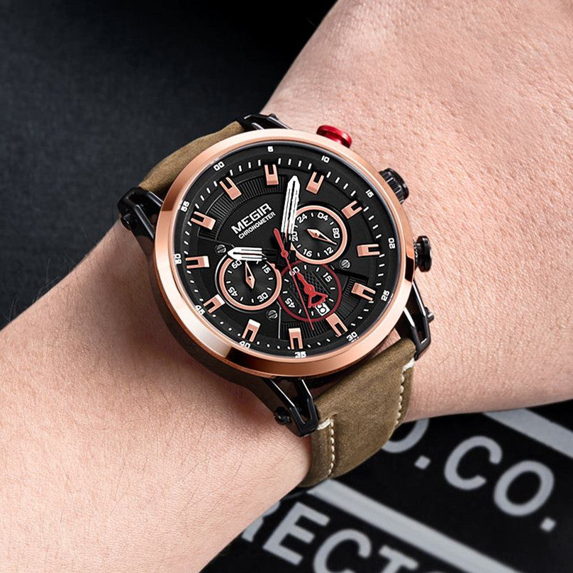MEGIR Men Sports Watches Top Brand Luxury Leather Quartz Watch Men Clock Waterproof Army Military Wristwatches Relogio Masculino-1