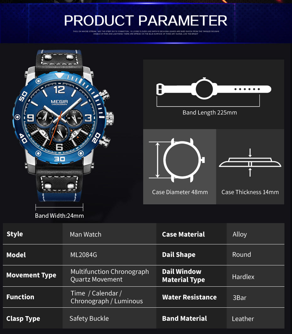 MEGIR Men's Casual Watch Top Brand Luxury Business Wrist Watch Leather Luminous Sports Military Watches Chronograph Male Clock-8