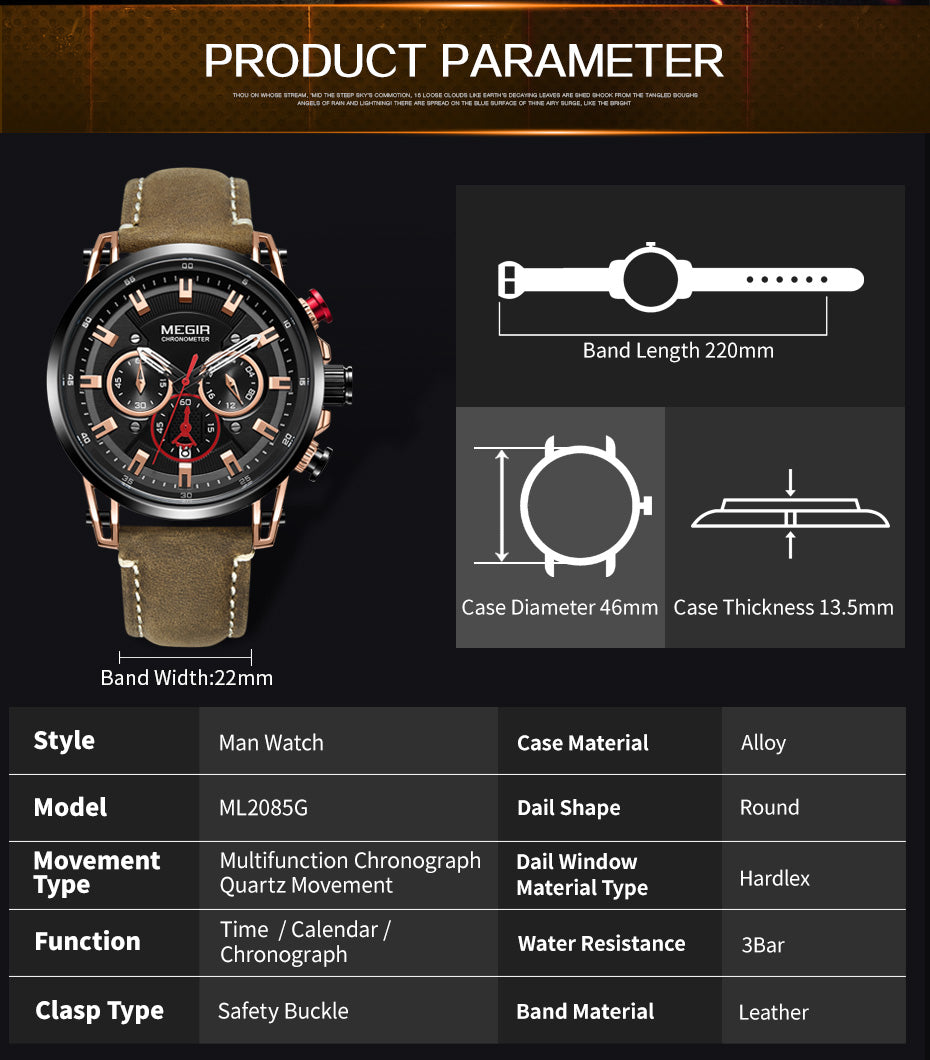 MEGIR Men Sports Watches Top Brand Luxury Leather Quartz Watch Men Clock Waterproof Army Military Wristwatches Relogio Masculino-9