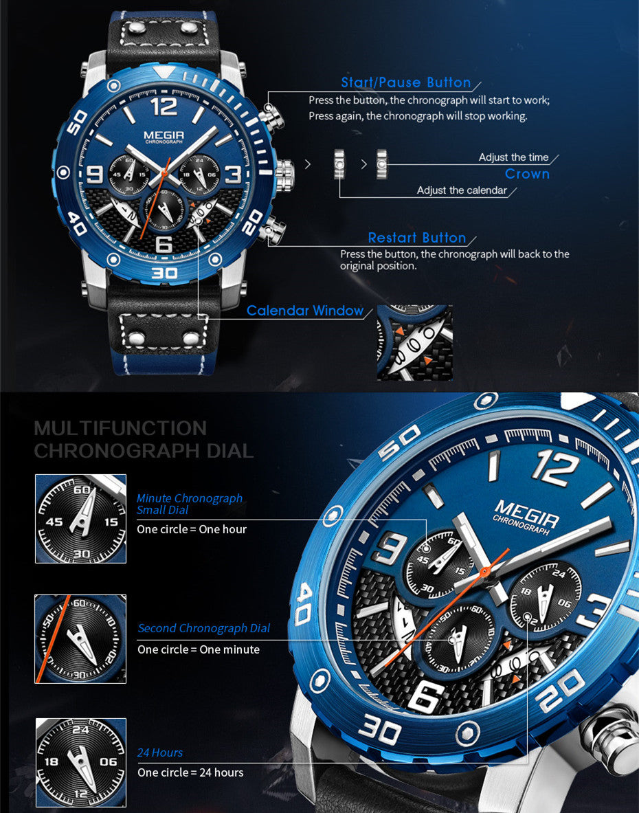 MEGIR Men's Casual Watch Top Brand Luxury Business Wrist Watch Leather Luminous Sports Military Watches Chronograph Male Clock-9