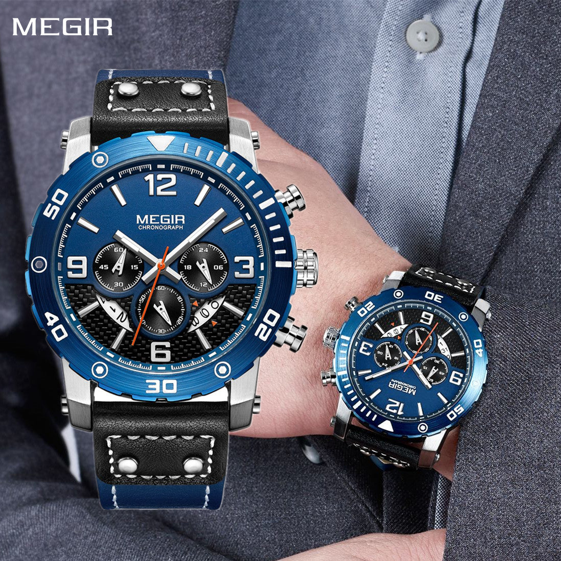 MEGIR Men's Casual Watch Top Brand Luxury Business Wrist Watch Leather Luminous Sports Military Watches Chronograph Male Clock-0