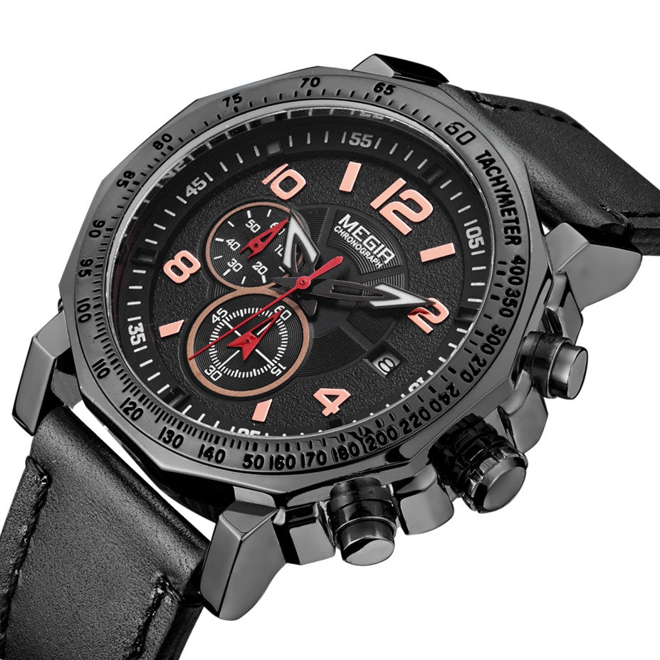MEGIR Men's Sport Watch Large Dial Quartz Luminous Wristwatch Date Clock Fashion Relogio Masculino Leather Chronograph for Men-5