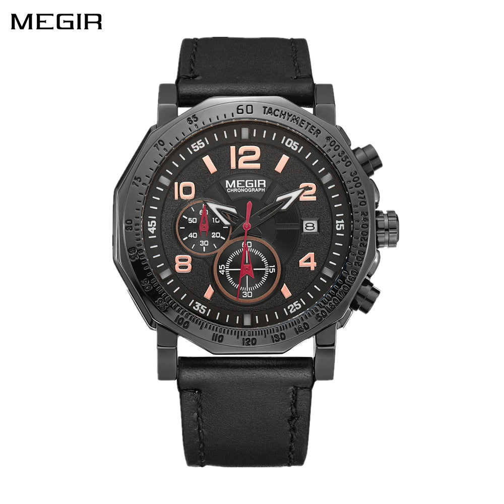 MEGIR Men's Sport Watch Large Dial Quartz Luminous Wristwatch Date Clock Fashion Relogio Masculino Leather Chronograph for Men-0