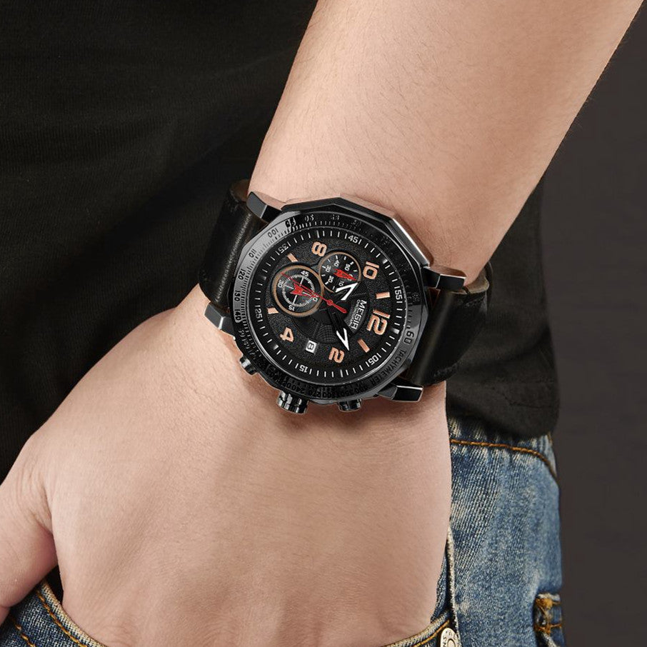 MEGIR Men's Sport Watch Large Dial Quartz Luminous Wristwatch Date Clock Fashion Relogio Masculino Leather Chronograph for Men-1