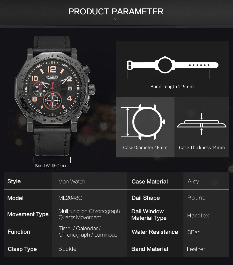 MEGIR Men's Sport Watch Large Dial Quartz Luminous Wristwatch Date Clock Fashion Relogio Masculino Leather Chronograph for Men-7