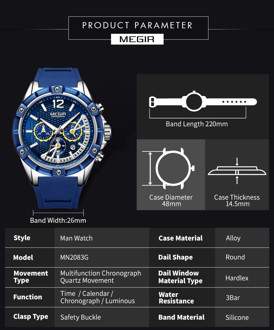 MEGIR Fashion Mens Watches Top Brand Luxury Silicone Sport Military Watch Chronograph Date Waterproof Wristwatch Male Clock 2083-10