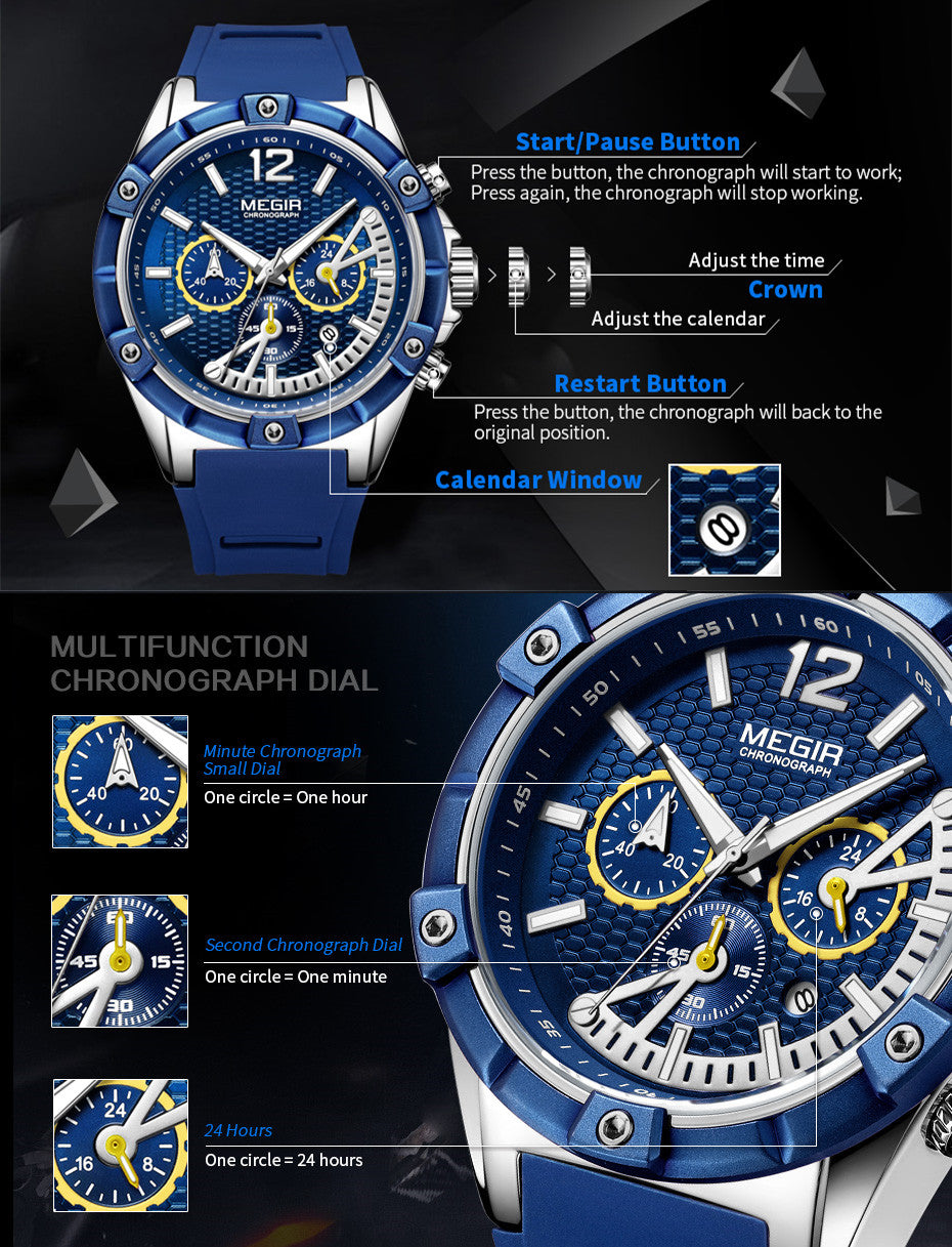 MEGIR Fashion Mens Watches Top Brand Luxury Silicone Sport Military Watch Chronograph Date Waterproof Wristwatch Male Clock 2083-11