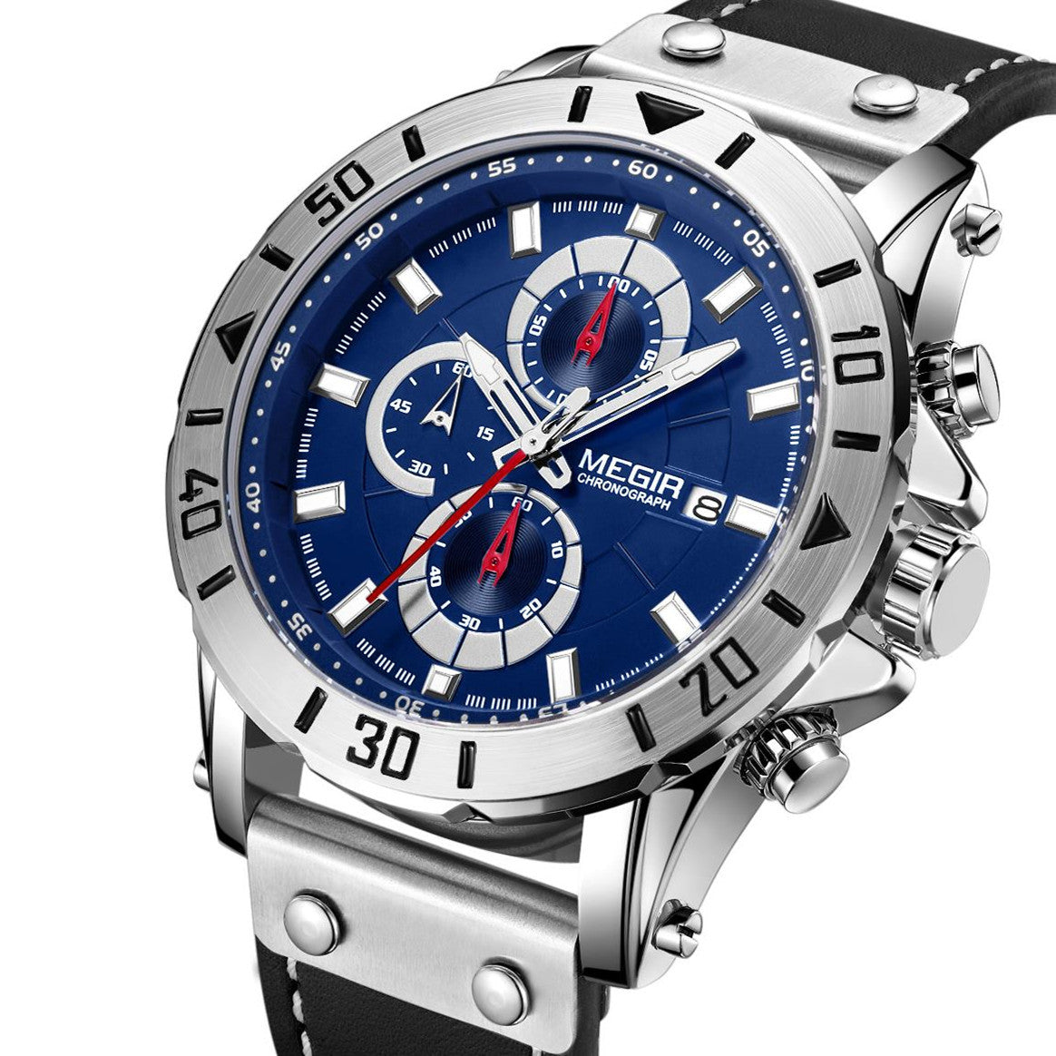 MEGIR Watch Men's Military Sport Wrist Watches Waterproof Leather Quartz Chronograph Calendar Luminous Clock Watch for Man 2081-4