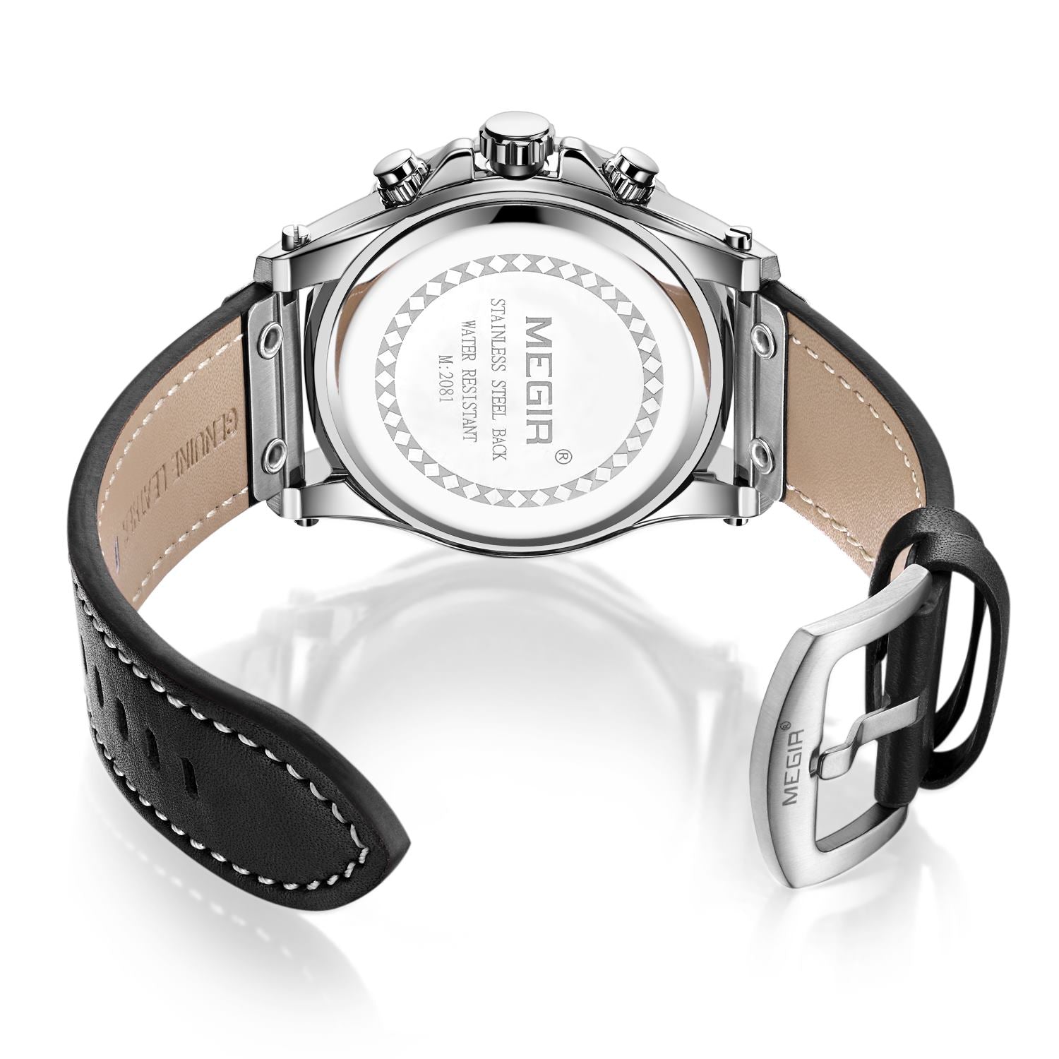 MEGIR Watch Men's Military Sport Wrist Watches Waterproof Leather Quartz Chronograph Calendar Luminous Clock Watch for Man 2081-8