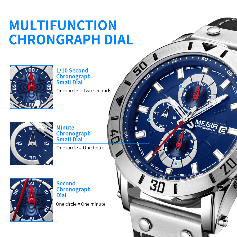 MEGIR Watch Men's Military Sport Wrist Watches Waterproof Leather Quartz Chronograph Calendar Luminous Clock Watch for Man 2081-10