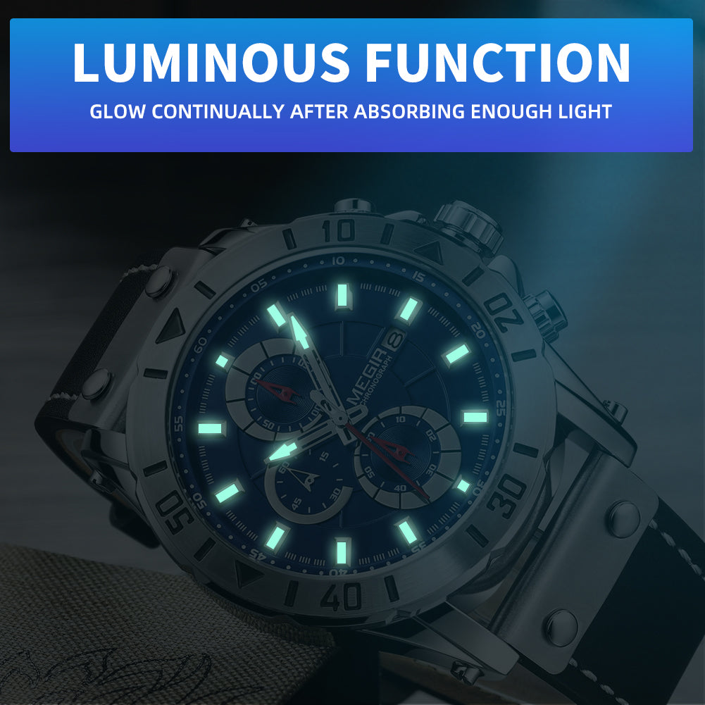MEGIR Watch Men's Military Sport Wrist Watches Waterproof Leather Quartz Chronograph Calendar Luminous Clock Watch for Man 2081-9