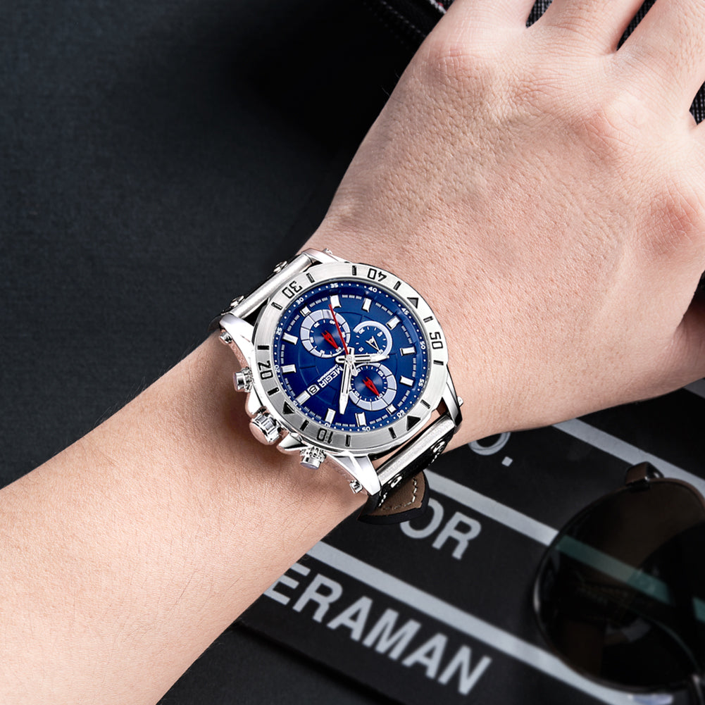 MEGIR Watch Men's Military Sport Wrist Watches Waterproof Leather Quartz Chronograph Calendar Luminous Clock Watch for Man 2081-1