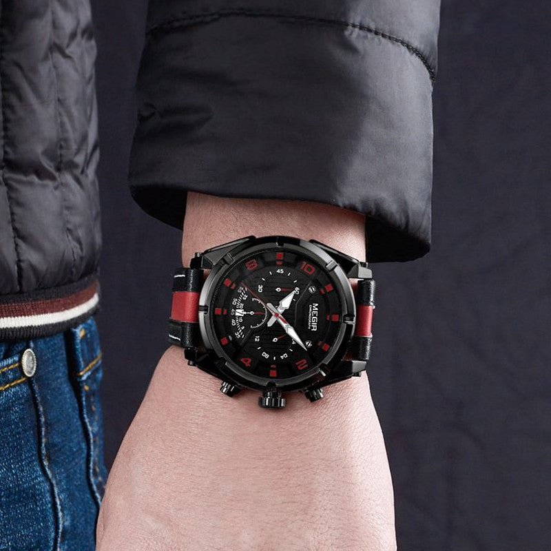 MEGIR Chronograph Sport Watch Men Quartz Wristwatches Clock Fashion Leather Army Military Watches Hour Time Relogio Masculino-2