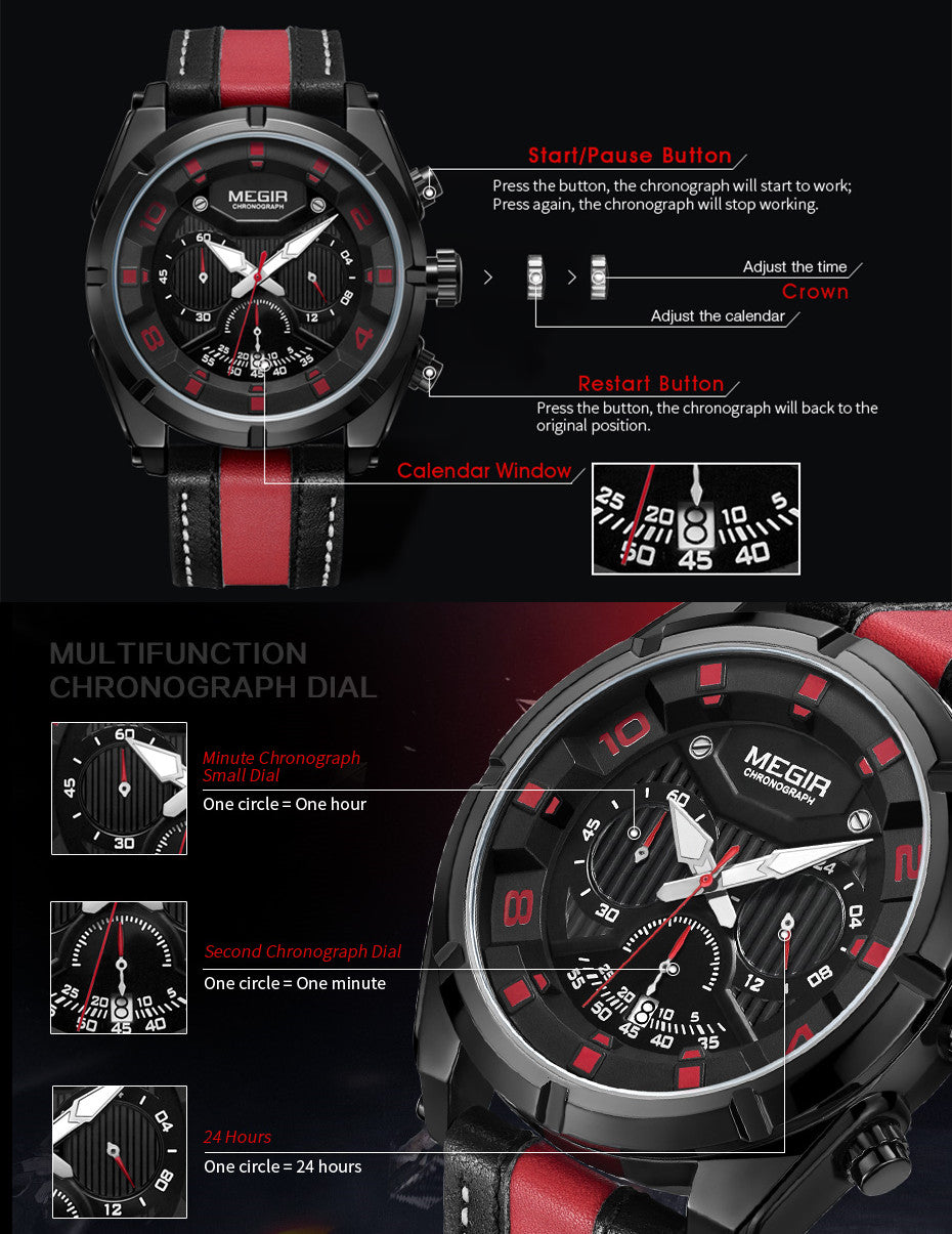 MEGIR Chronograph Sport Watch Men Quartz Wristwatches Clock Fashion Leather Army Military Watches Hour Time Relogio Masculino-9