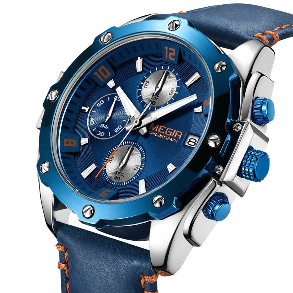 MEGIR Chronograph Men Watch Relogio Masculino Leather Strap Business Quartz Watch Clock Waterproof Date Army Military Wristwatch-8