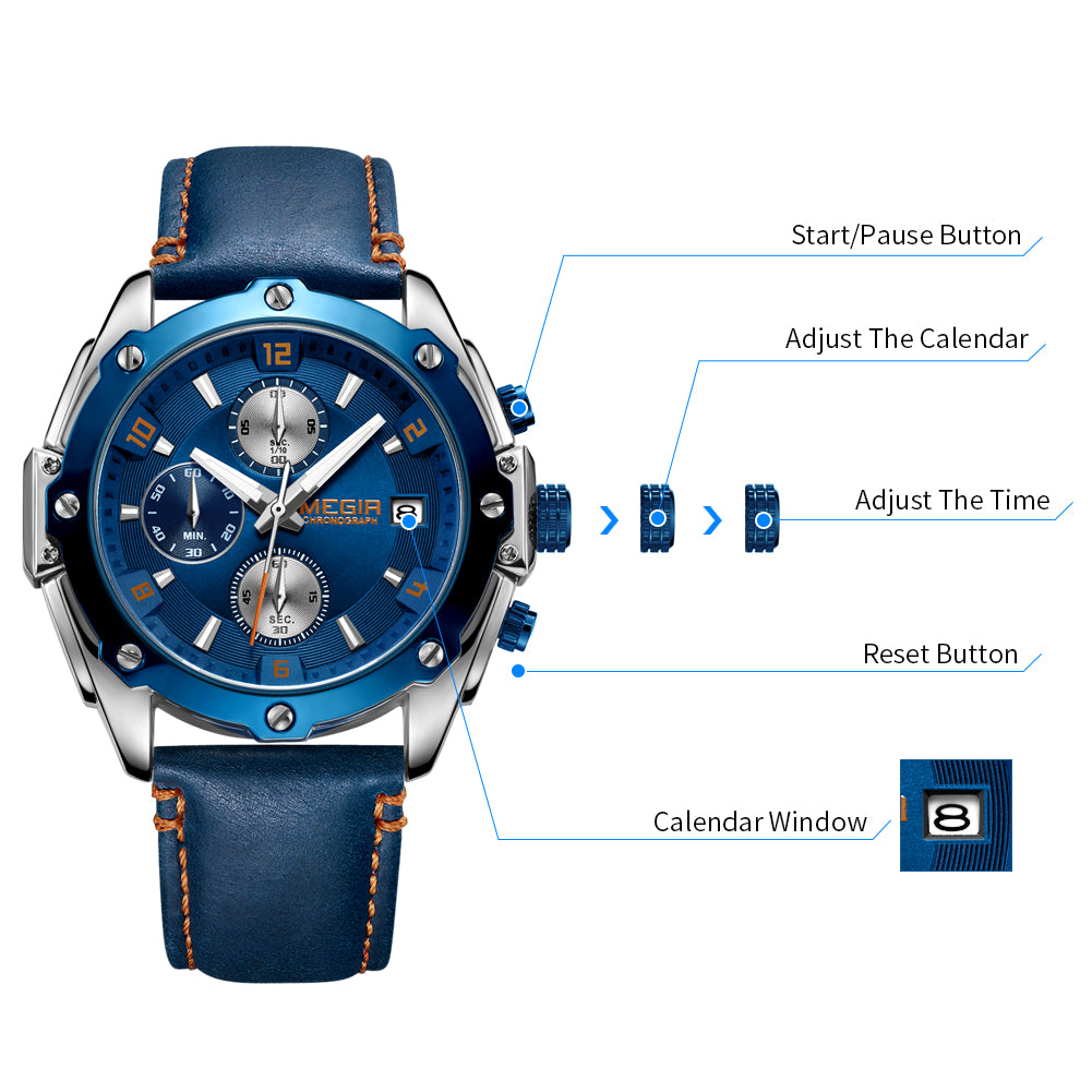 MEGIR Chronograph Men Watch Relogio Masculino Leather Strap Business Quartz Watch Clock Waterproof Date Army Military Wristwatch-11