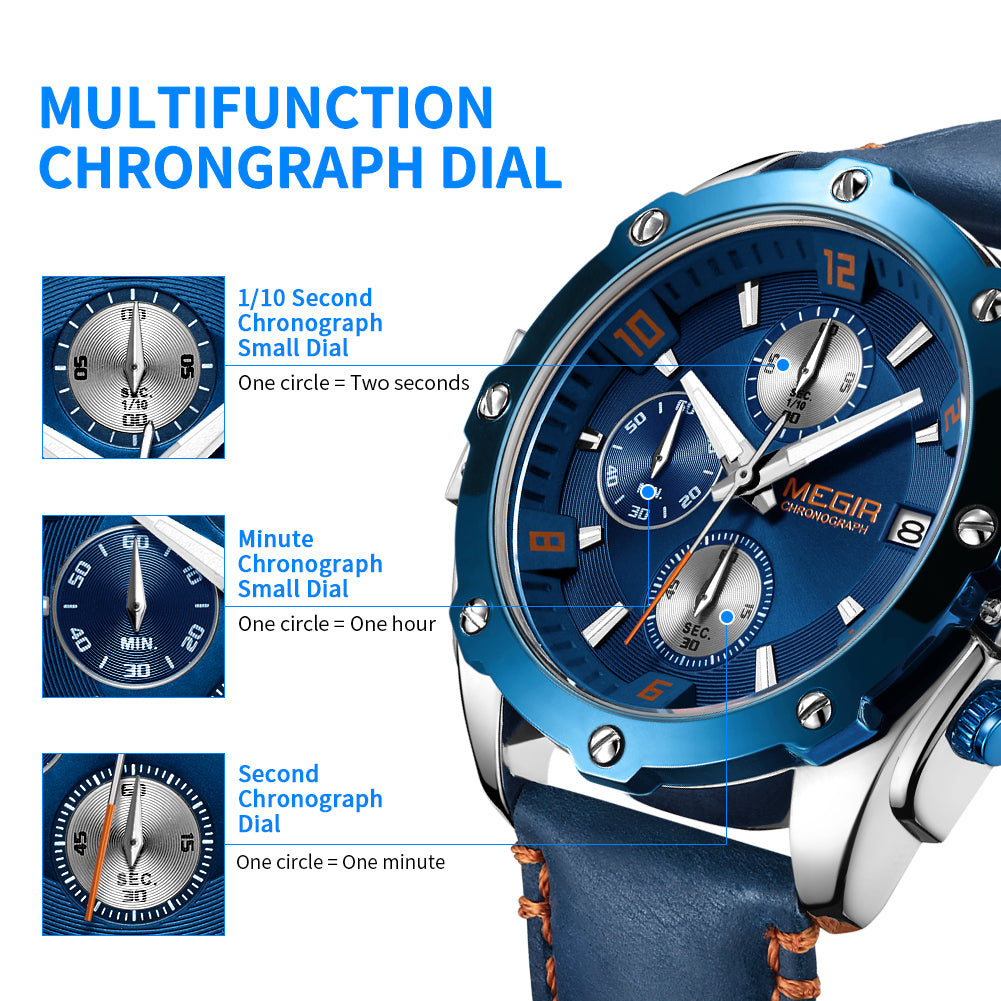 MEGIR Chronograph Men Watch Relogio Masculino Leather Strap Business Quartz Watch Clock Waterproof Date Army Military Wristwatch-10