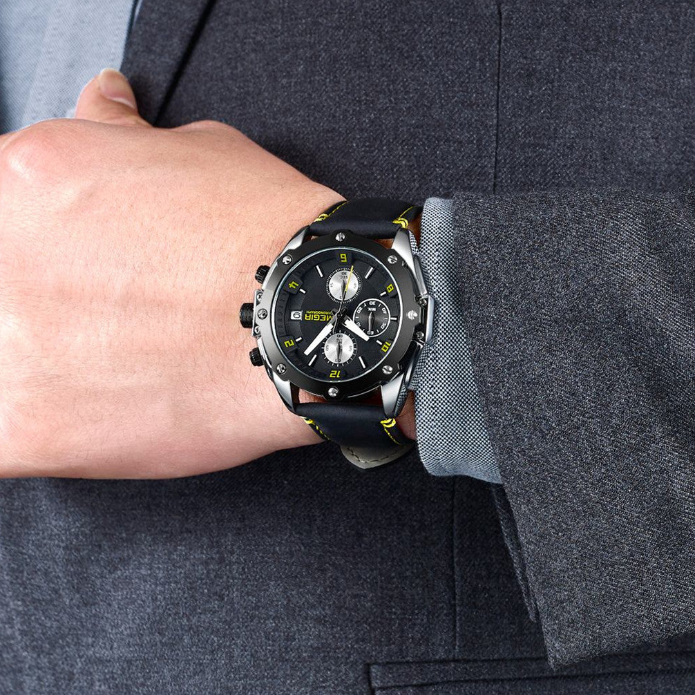 MEGIR Chronograph Men Watch Relogio Masculino Leather Strap Business Quartz Watch Clock Waterproof Date Army Military Wristwatch-4