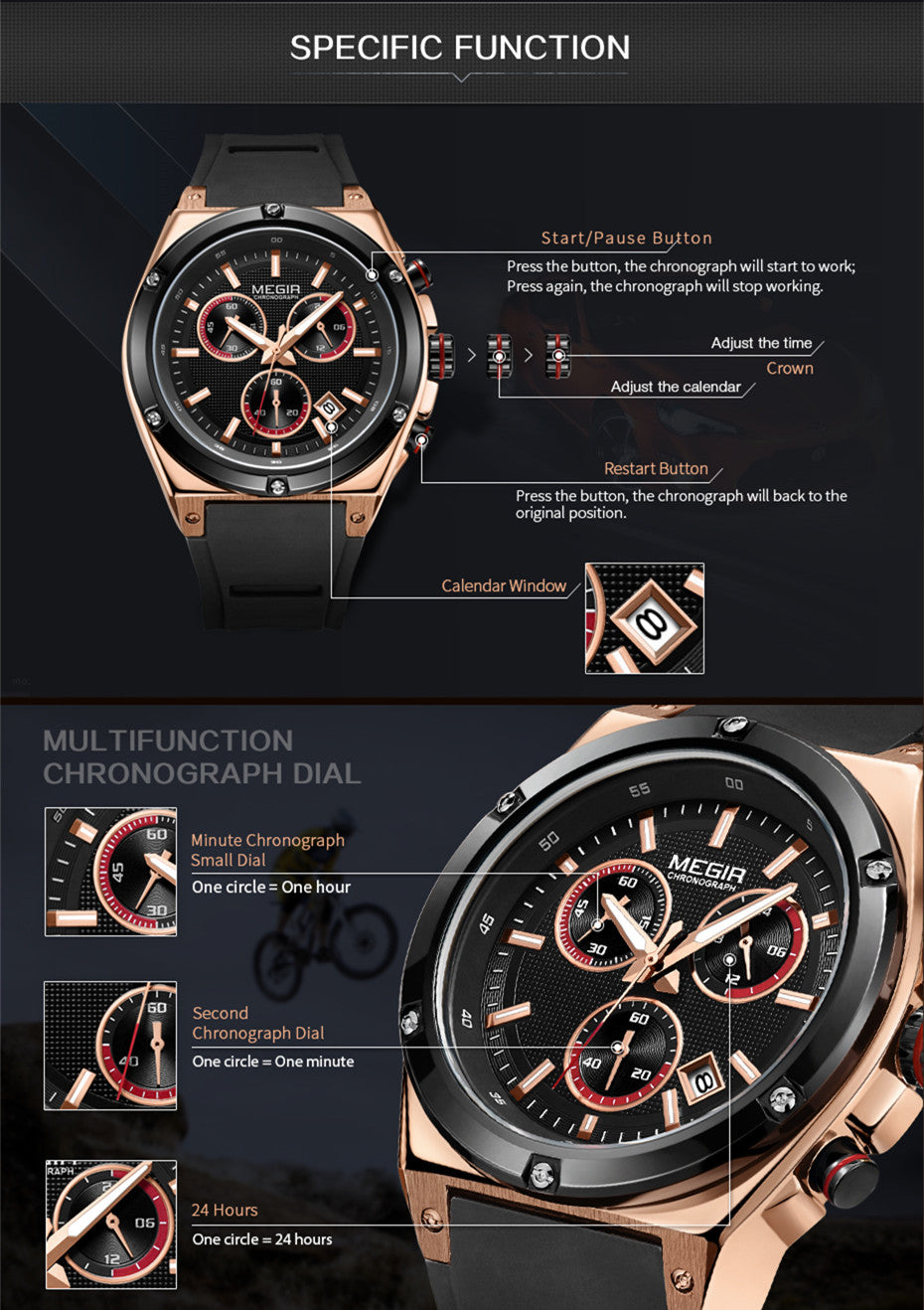 MEGIR Mens Watches Silicone Quartz Wrist Watch Chronograph Fashion Sport Business Wristwatch Luminous Male Clock Montre Homme-8