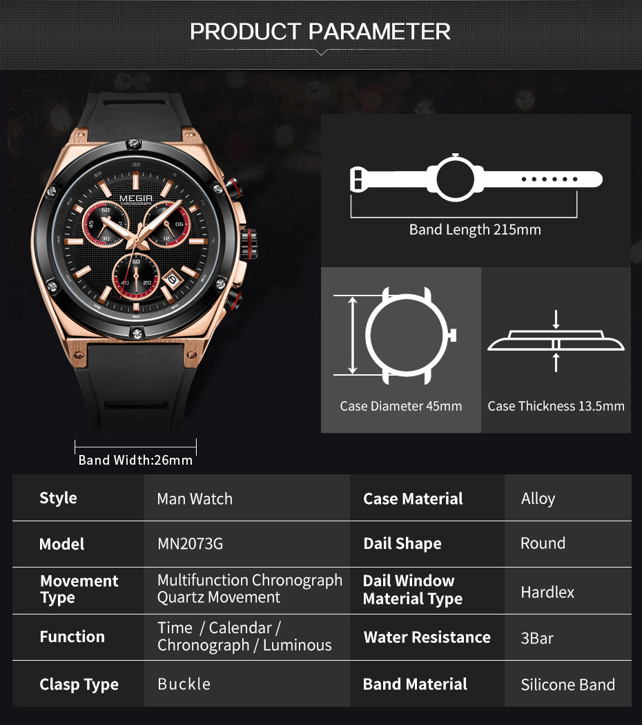 MEGIR Mens Watches Silicone Quartz Wrist Watch Chronograph Fashion Sport Business Wristwatch Luminous Male Clock Montre Homme-9
