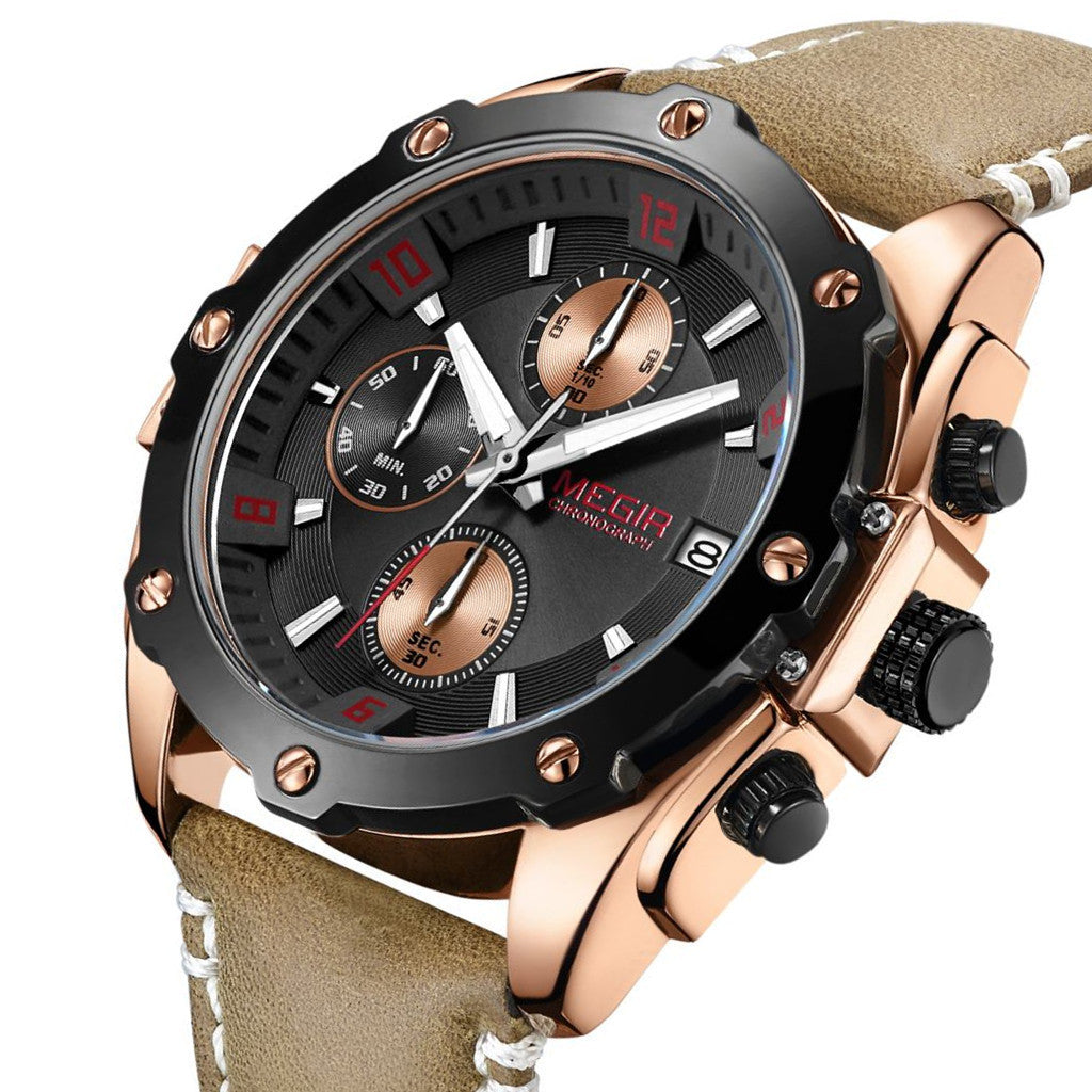MEGIR Chronograph Men Watch Relogio Masculino Leather Strap Business Quartz Watch Clock Waterproof Date Army Military Wristwatch-7