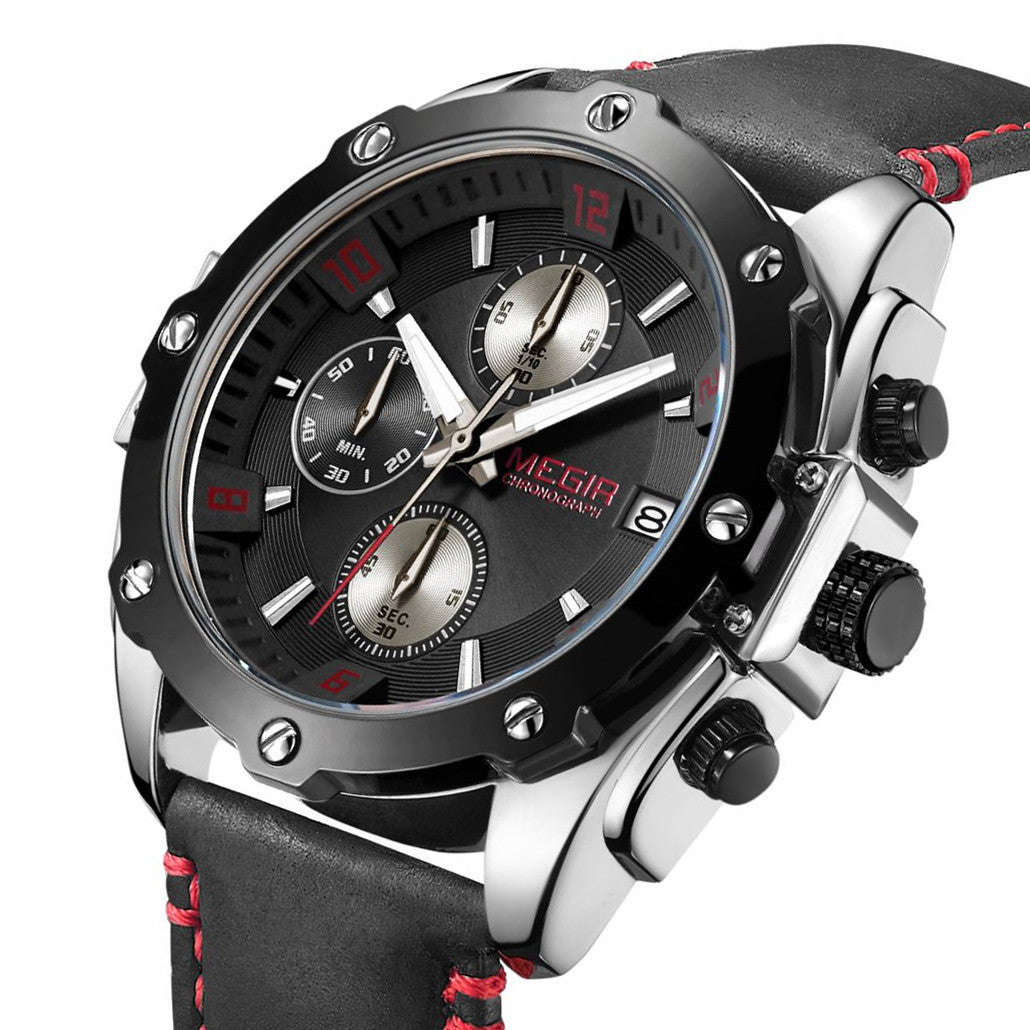 MEGIR Chronograph Men Watch Relogio Masculino Leather Strap Business Quartz Watch Clock Waterproof Date Army Military Wristwatch-5