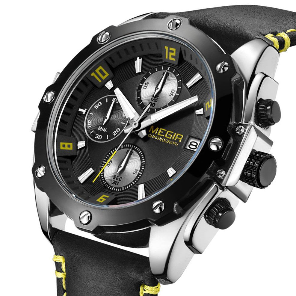 MEGIR Chronograph Men Watch Relogio Masculino Leather Strap Business Quartz Watch Clock Waterproof Date Army Military Wristwatch-6