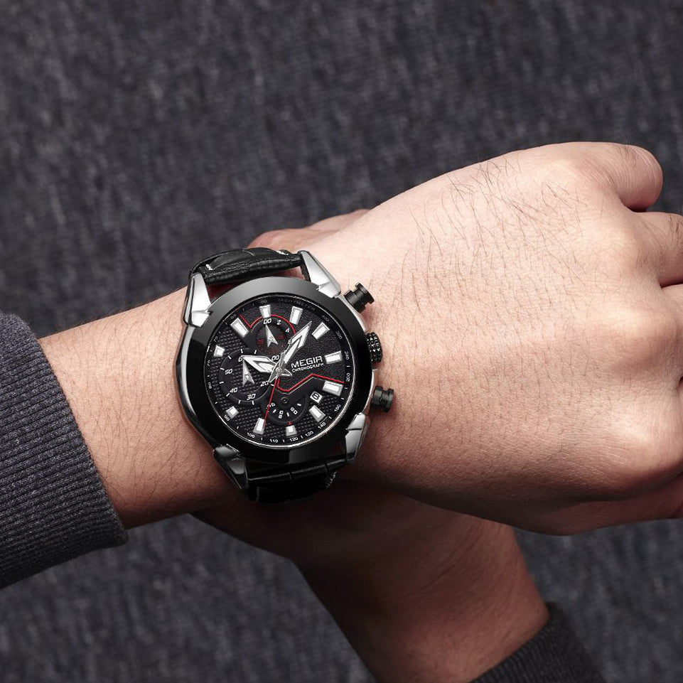 MEGIR Sport Chronograph Men's Quartz Wristwatch Waterproof Male Clock Calendar Luminous Man Watches Calendar Leather Watch 2065-3