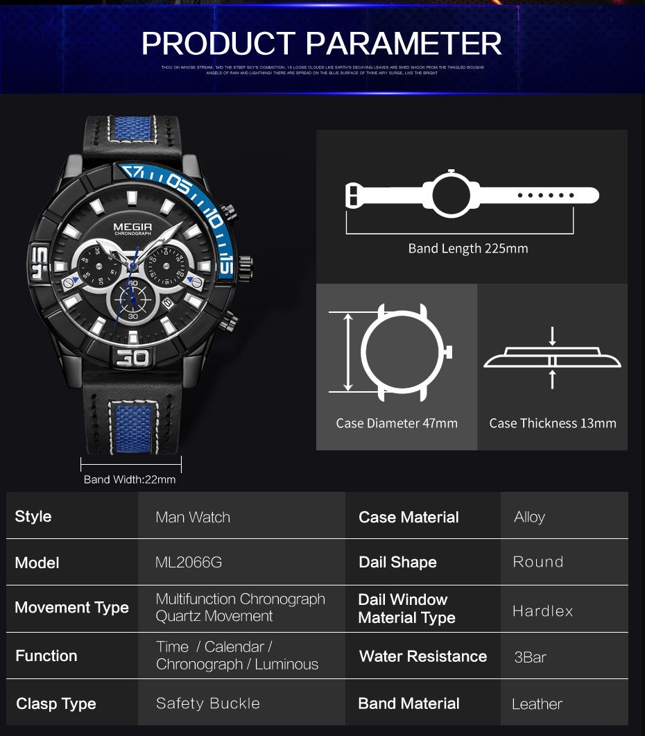 MEGIR Watches for Mens Top Brand Luxury Military Sports Watches Chronograph Leather Waterproof Date Quartz Wristwatch Man Clock-8