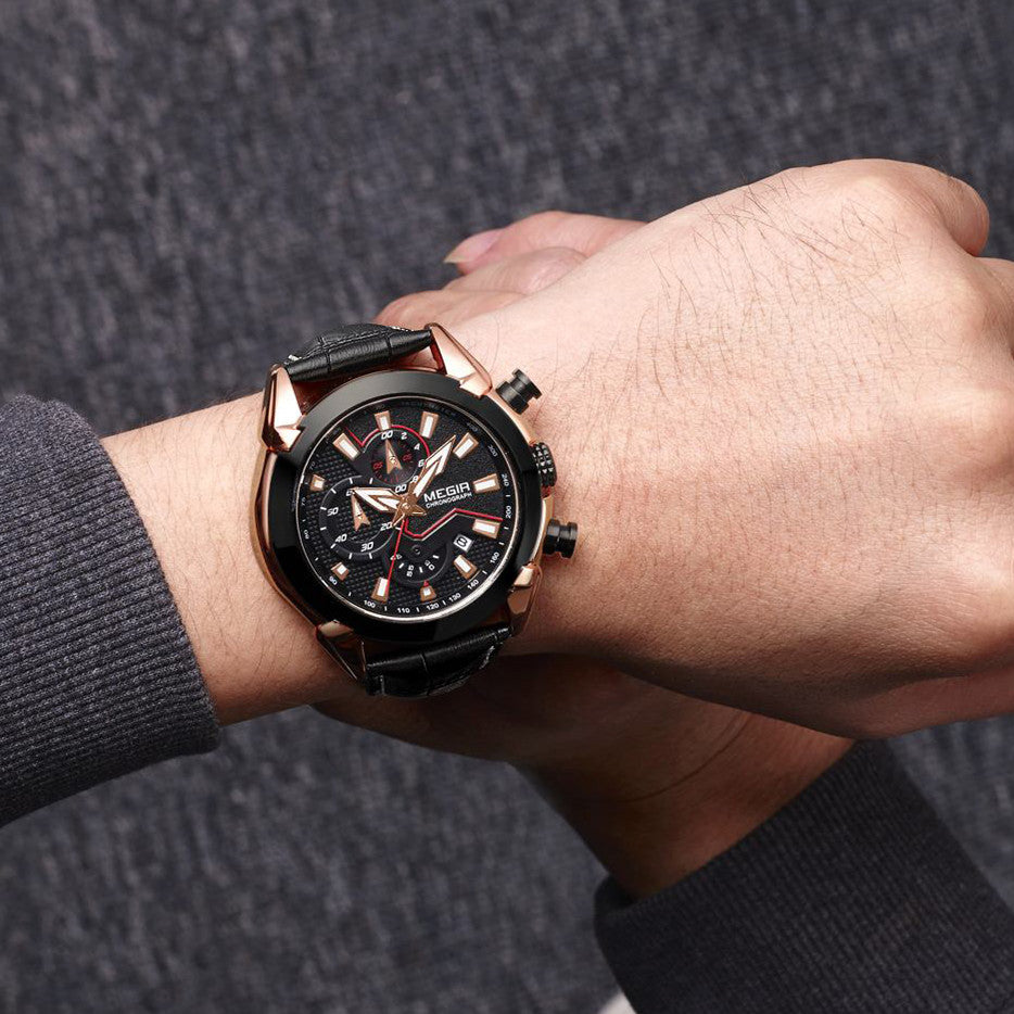 MEGIR Sport Chronograph Men's Quartz Wristwatch Waterproof Male Clock Calendar Luminous Man Watches Calendar Leather Watch 2065-2