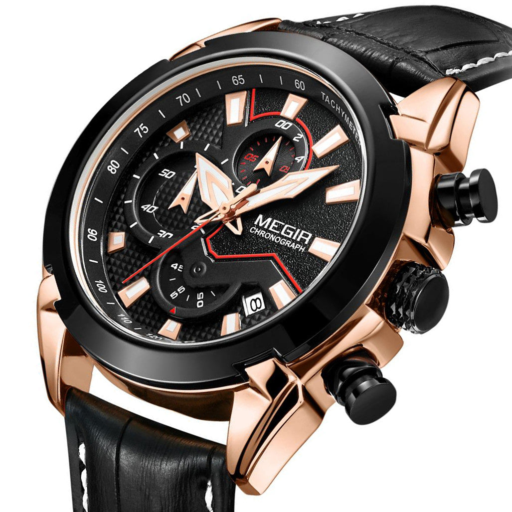 MEGIR Sport Chronograph Men's Quartz Wristwatch Waterproof Male Clock Calendar Luminous Man Watches Calendar Leather Watch 2065-9