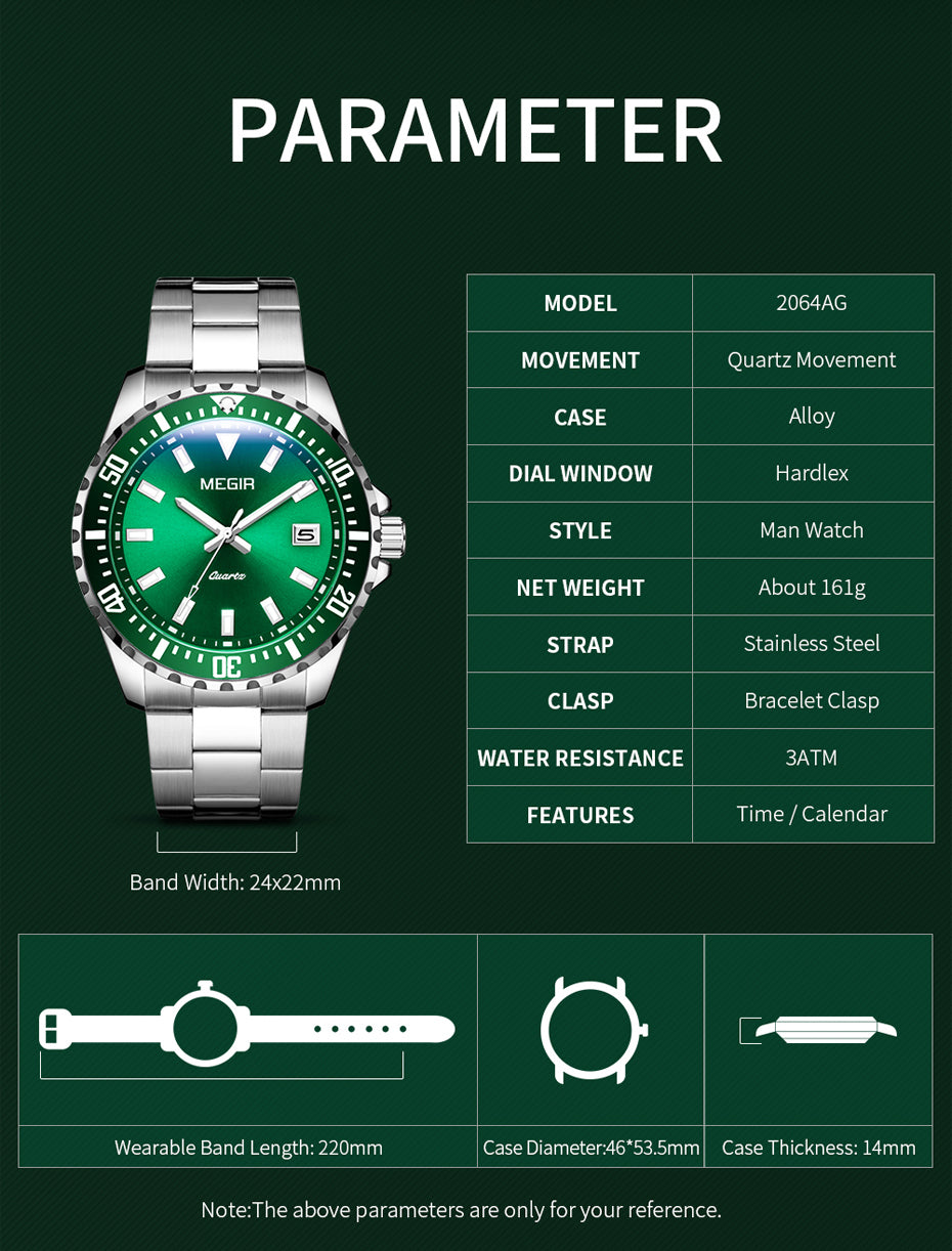 MEGIR Fashion Men Watches Top Luxury Stainless Steel Quartz Wristwatch Calendar Luminous Clock Large Dial Relogio Masculino-5