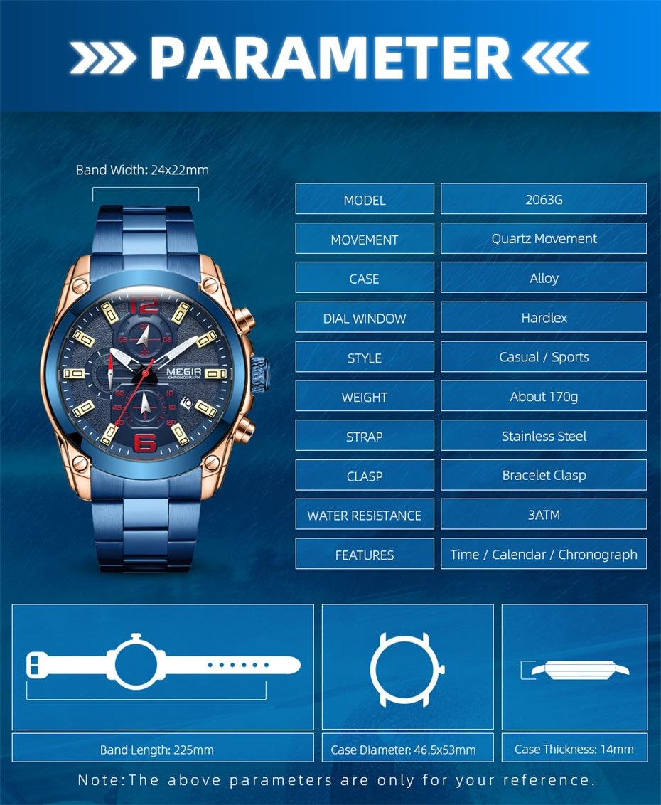 MEGIR Original Luxury Men Chronograph Stainless Steel Wristwatch Waterproof Luminous Quartz Watch Clock Calendar Reloj Hombre-10
