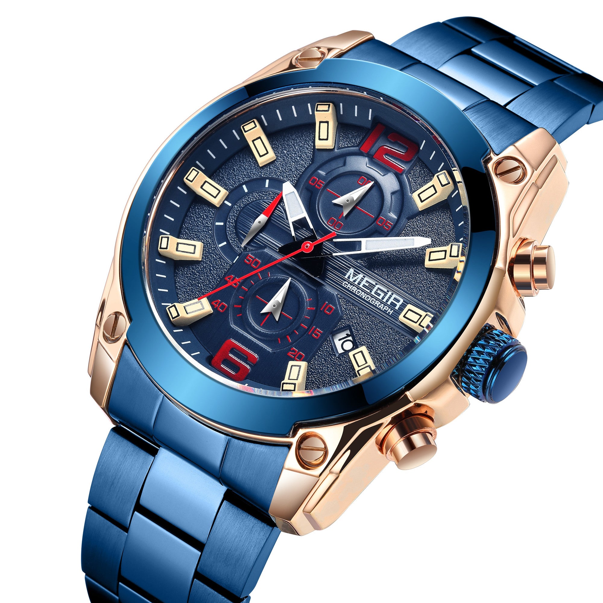 MEGIR Original Luxury Men Chronograph Stainless Steel Wristwatch Waterproof Luminous Quartz Watch Clock Calendar Reloj Hombre-8