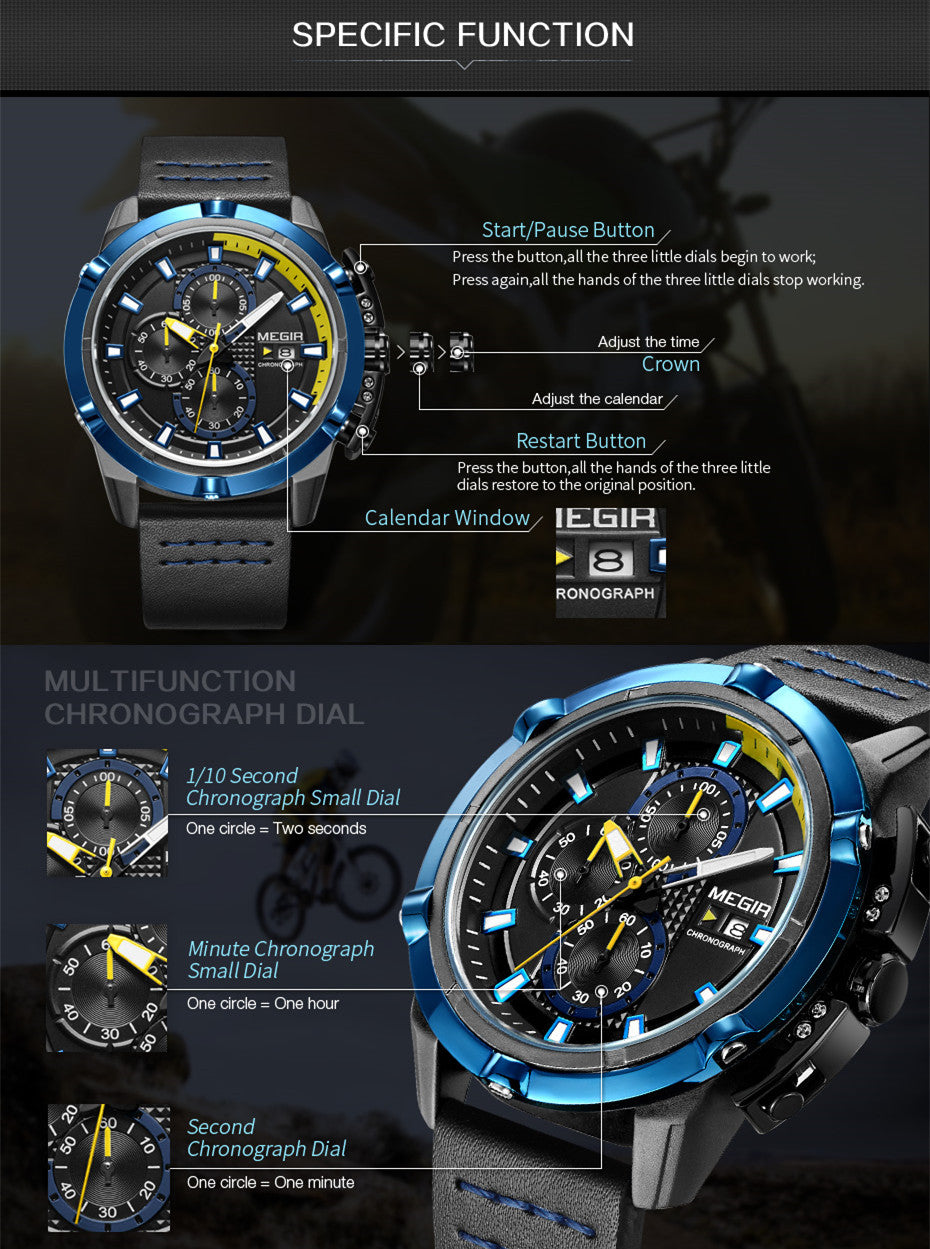 MEGIR Luxury Men's Watch Top Brand Fashion Sports Military Watches for Men Waterproof Quartz Wristwatch Leather Clock Man 2062-10