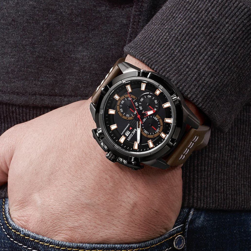 MEGIR Luxury Men's Watch Top Brand Fashion Sports Military Watches for Men Waterproof Quartz Wristwatch Leather Clock Man 2062-4