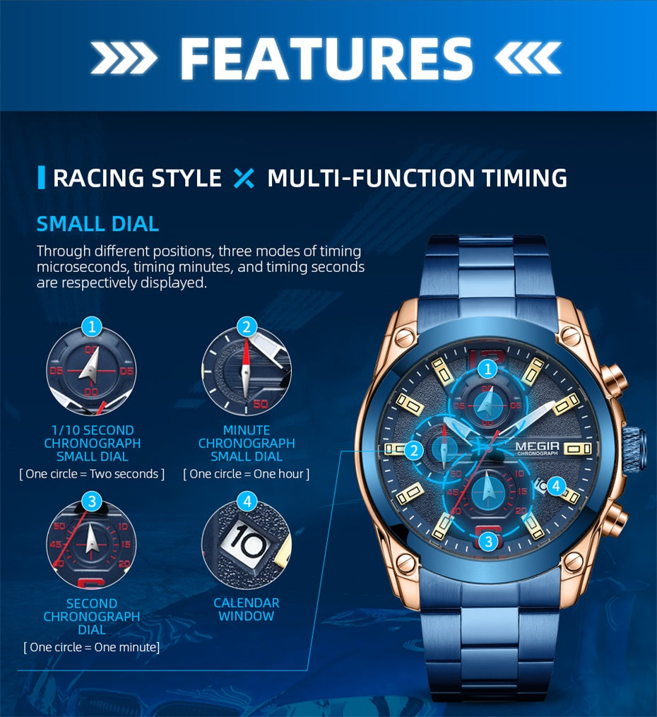 MEGIR Original Luxury Men Chronograph Stainless Steel Wristwatch Waterproof Luminous Quartz Watch Clock Calendar Reloj Hombre-11