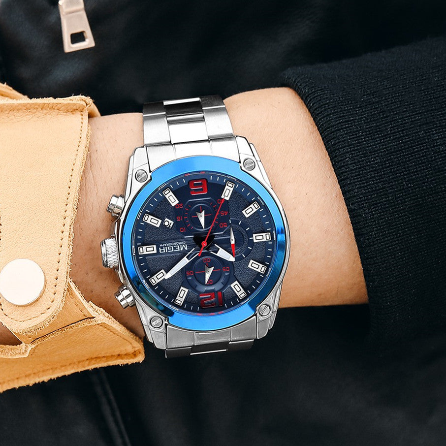 MEGIR Original Luxury Men Chronograph Stainless Steel Wristwatch Waterproof Luminous Quartz Watch Clock Calendar Reloj Hombre-2