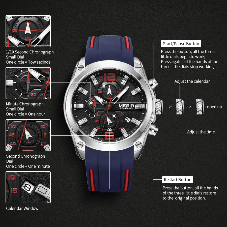 MEGIR Sport Watch Silicone Strap Chronograph Men Quartz Military Watch Waterproof Wrist Watches Relogio Masculino Man Clock-6